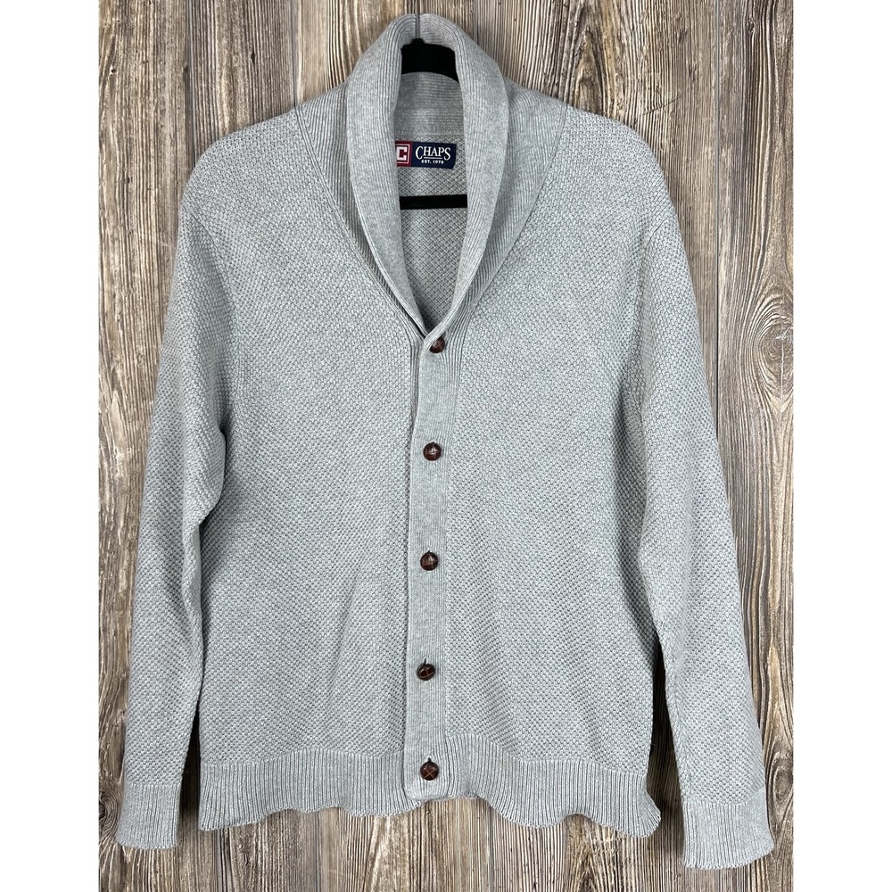Chaps Shawl Collar Cardigan Sweater Mens L Gray Knit Cotton Grandpacore Preppy